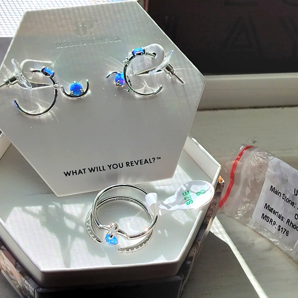 Twofer Earrings and Ring Set| Azure Blue fire opal October birthday Collection